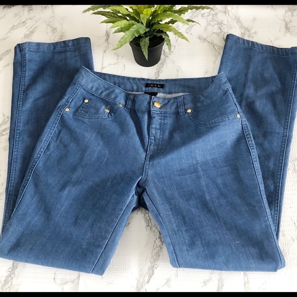 IMAN Denim Pants Three Pocket Pant Gold Logo Studs and Button Size S